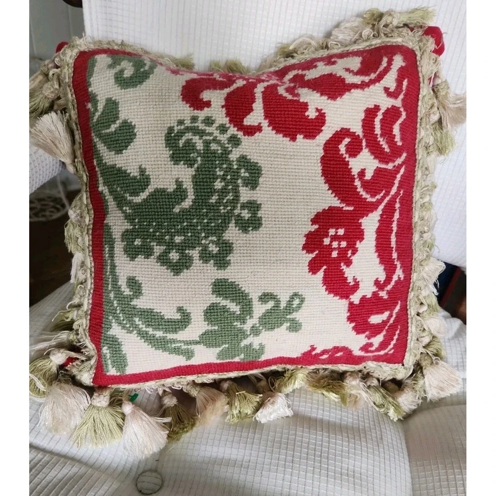 Beige Red Sage Green Tapestry Needlepoint Throw Pillow 12x12 Zipper Tassel Trim